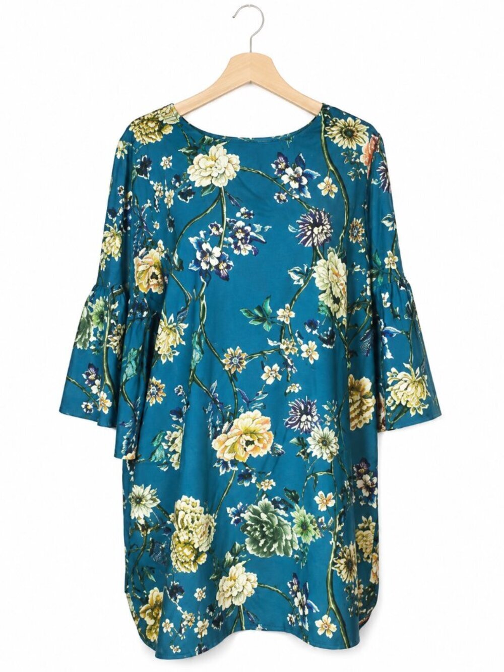Bryn Walker Diego Tunic Size Large Floral Bell Sleeve Cottage Blue Teal Relaxed